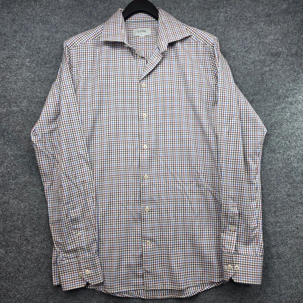 Eton Slim Fit Dress Shirt Mens 16.5 42 Blue Brown Red Check Long Sleeve Cotton